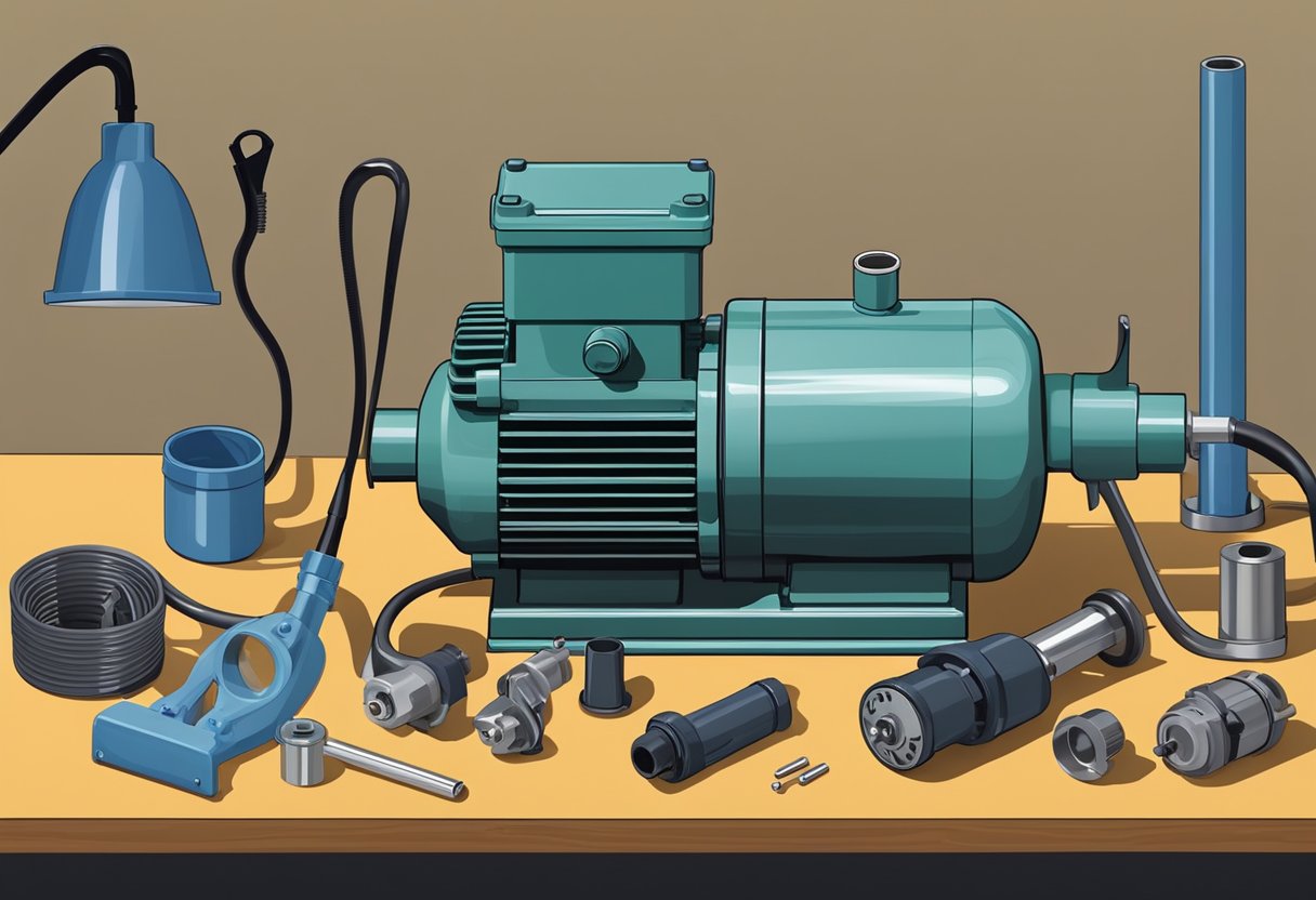 A pond pump with a disassembled motor and impeller parts laid out on a workbench surrounded by tools and equipment for troubleshooting