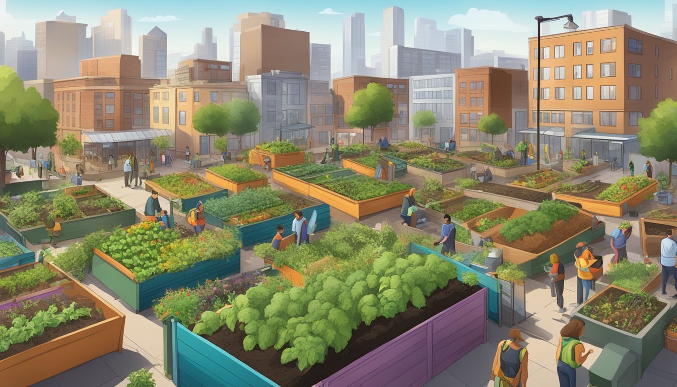 A bustling cityscape with diverse residents composting in community gardens and urban farms, with compost bins and recycling facilities visible