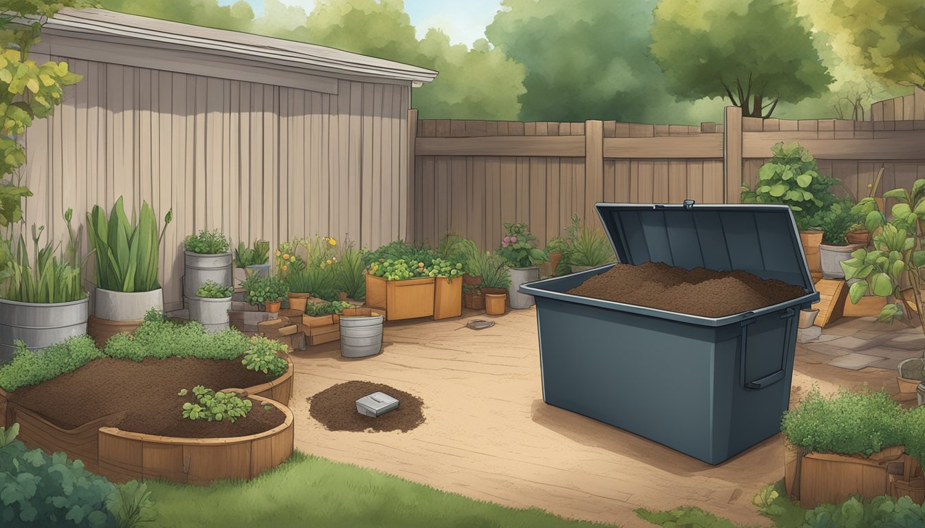 A backyard in Knoxville, TN with a compost bin surrounded by various organic materials and a Finished Compost guide open on a table