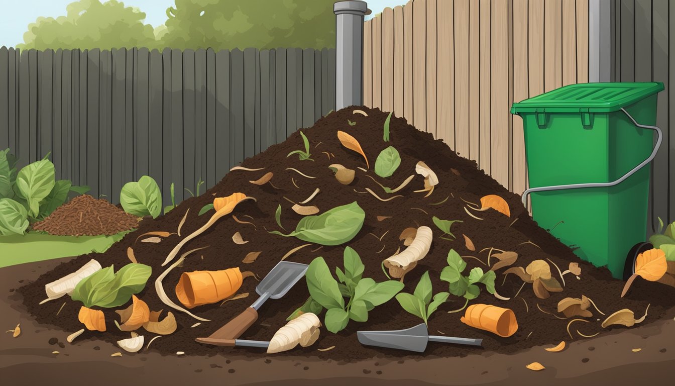 A backyard compost pile with a mix of food scraps, yard waste, and a shovel nearby. Green and brown materials layered in a bin with earthworms visible