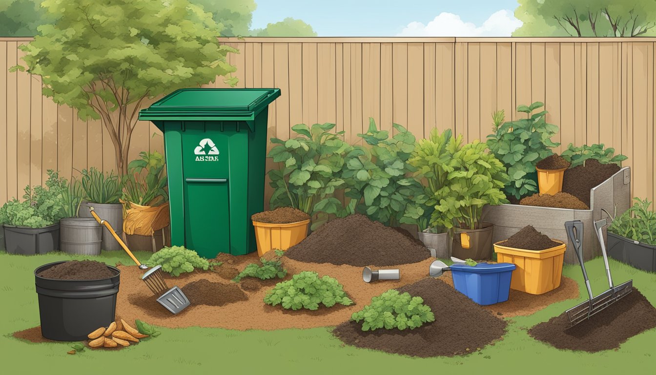 A backyard in Austin, Texas with a compost bin, gardening tools, and a variety of organic waste materials being layered into the bin