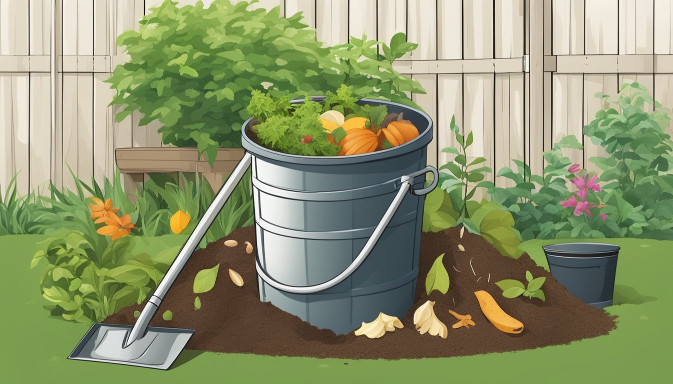 A backyard compost bin surrounded by greenery and filled with a mix of food scraps and yard waste, with a shovel and watering can nearby