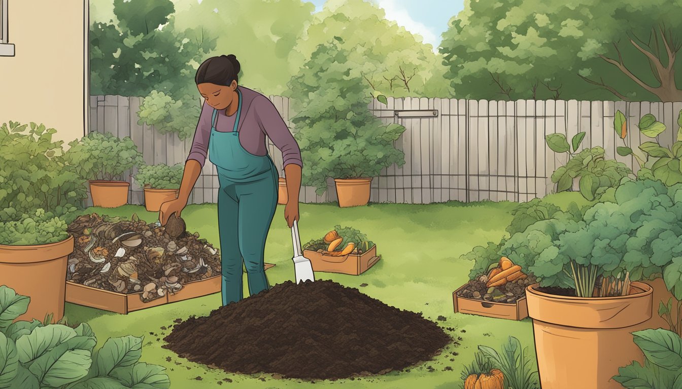 A person adding organic waste to a compost pile in a backyard garden, surrounded by greenery and a small bin of food scraps