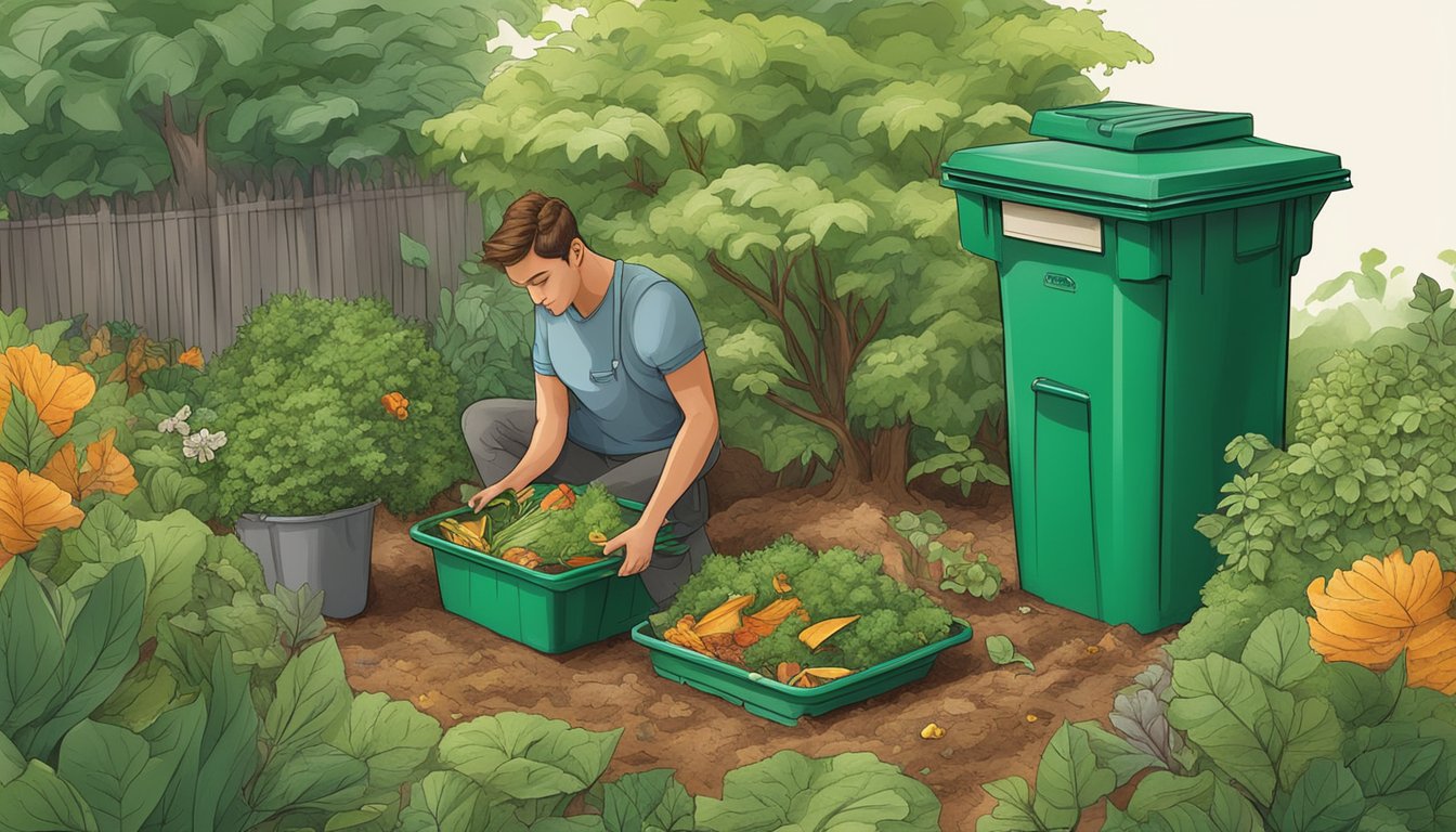 A person carefully layering food scraps and yard waste in a compost bin, surrounded by a lush garden in Nashville, TN