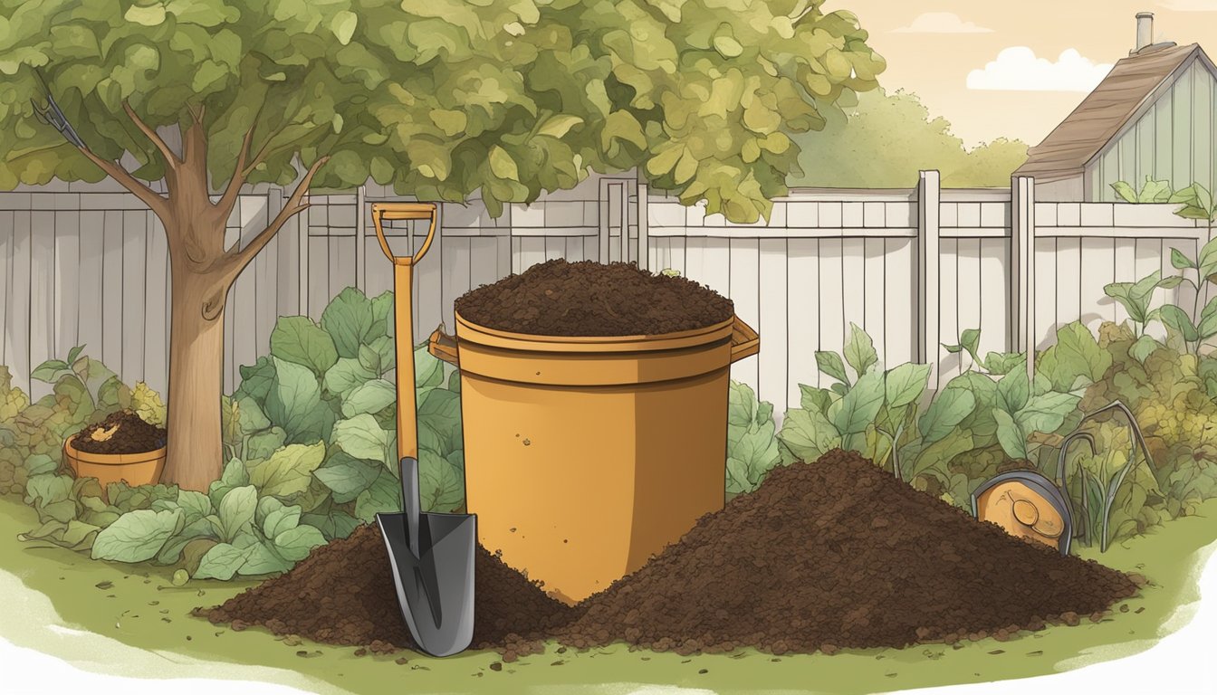 A backyard with a compost bin surrounded by a mix of green and brown organic waste, including food scraps, leaves, and twigs. A shovel and a pitchfork are nearby for turning the compost