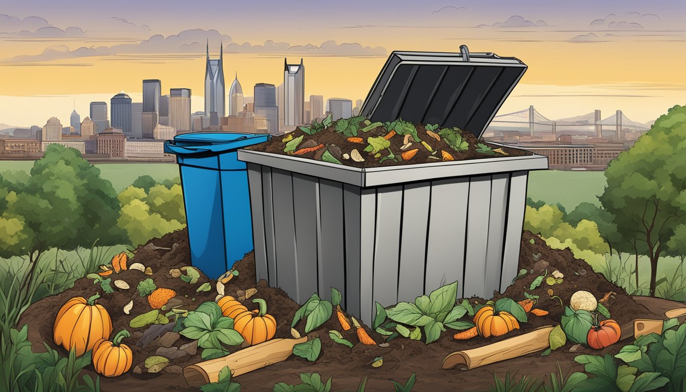 A backyard compost bin surrounded by a variety of organic waste, with a shovel and the Nashville skyline in the background