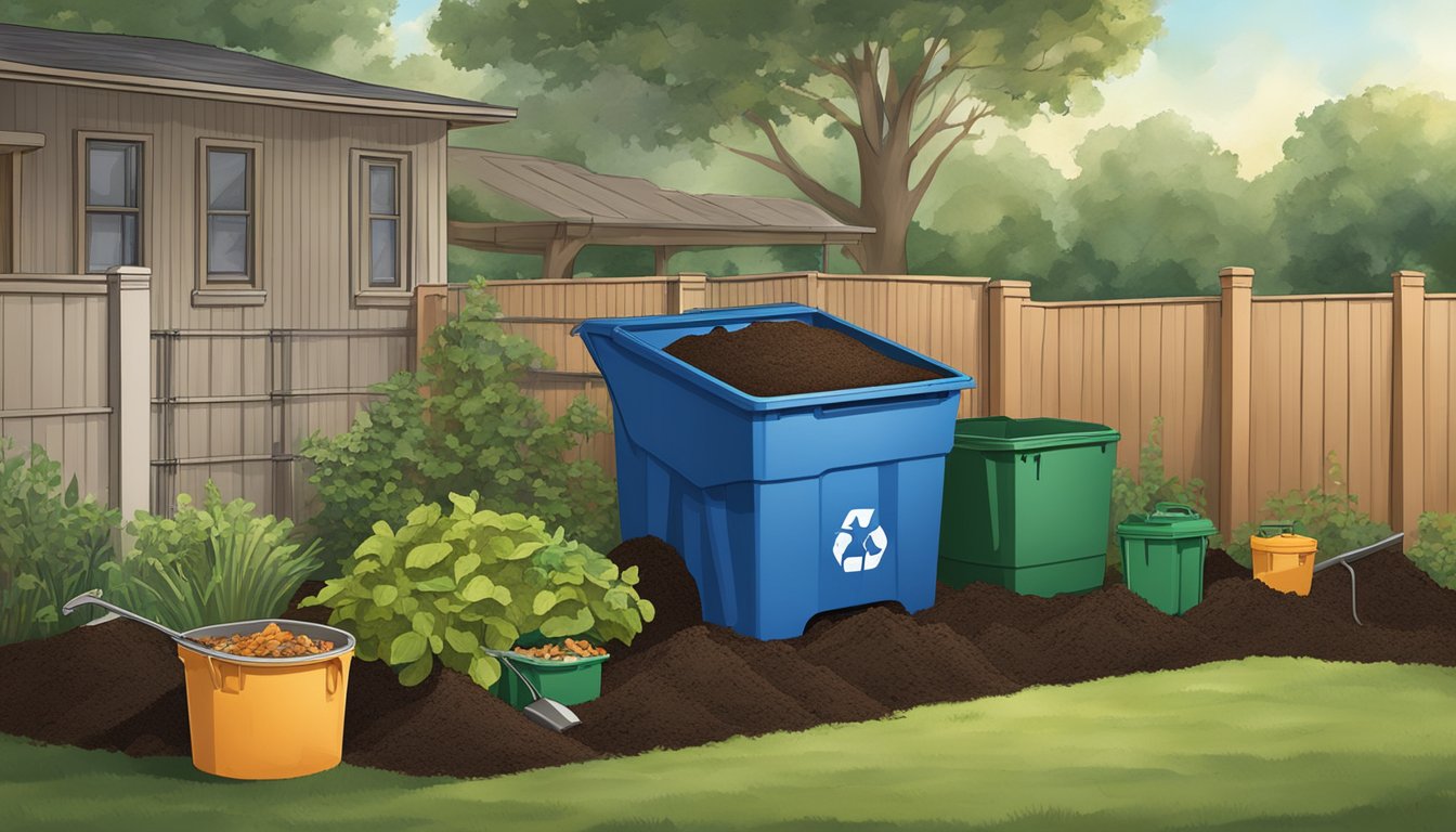 A backyard composting setup with a bin, shovel, and various organic waste materials in Carrollton, TX