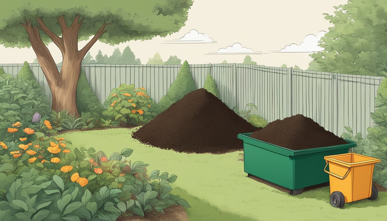 A person turning a compost pile in a backyard surrounded by greenery and a compost bin