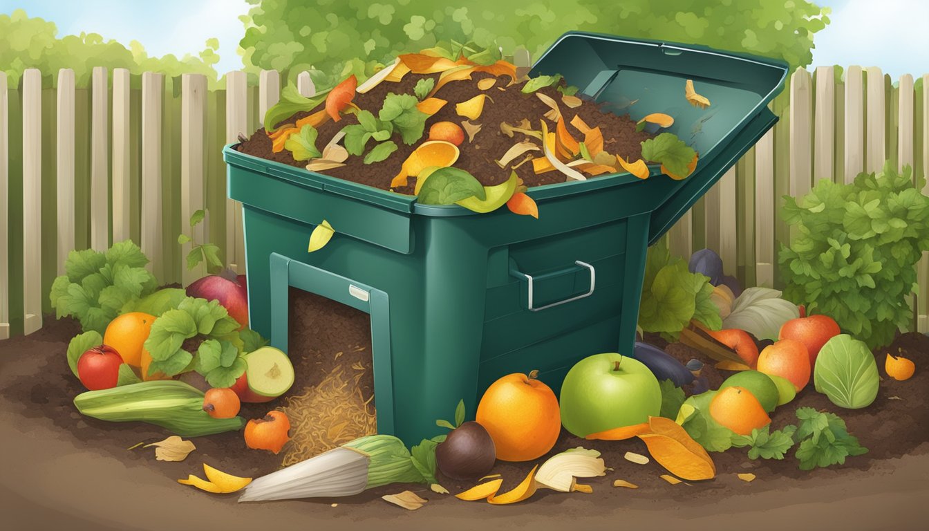 A backyard compost bin surrounded by a variety of organic waste, including fruit peels, vegetable scraps, and yard clippings