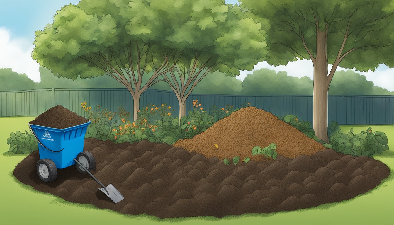 A backyard in Chattanooga, TN with a compost bin, shovel, and various organic materials being layered within the bin. Trees and a blue sky in the background