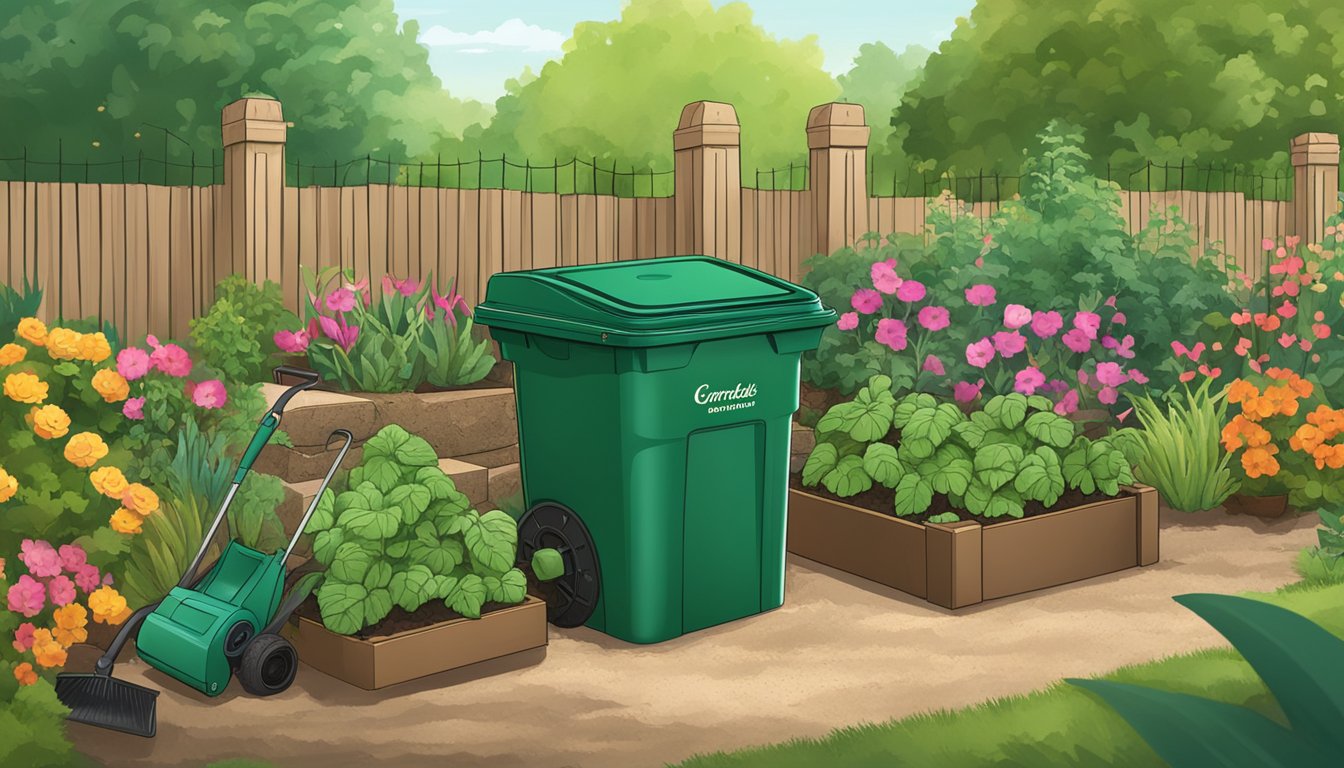 A garden in Carrollton, TX with a compost bin, gardening tools, and a pile of finished compost surrounded by lush, thriving plants