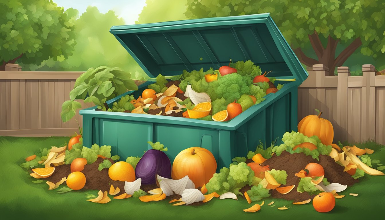 A backyard compost bin surrounded by a variety of organic waste materials such as fruit peels, vegetable scraps, and yard trimmings