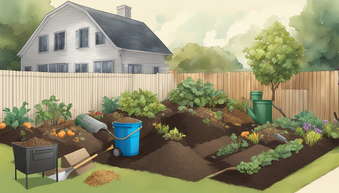 A backyard with a compost bin, gardening tools, and a variety of organic waste materials being layered into the compost pile