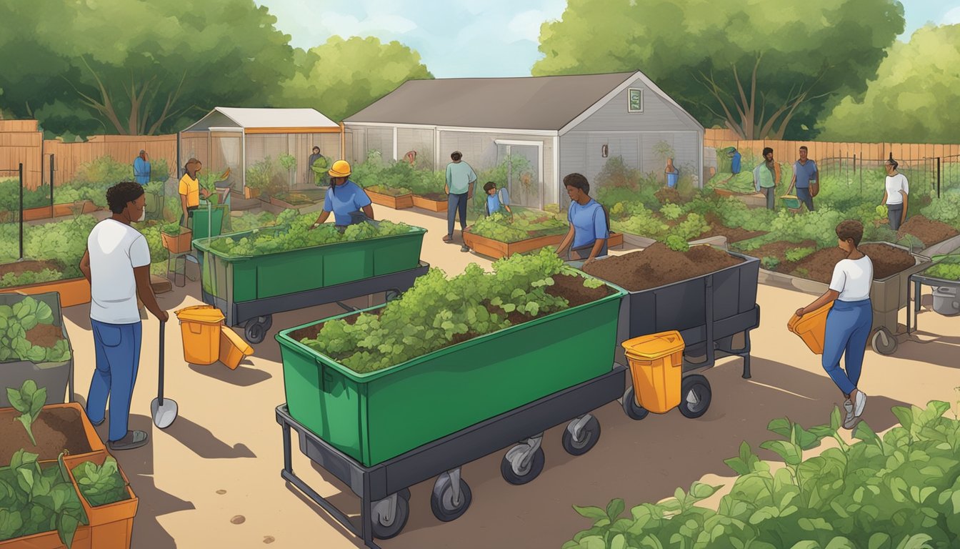 A community garden with compost bins and volunteers working together to recycle organic waste in Carrollton, TX