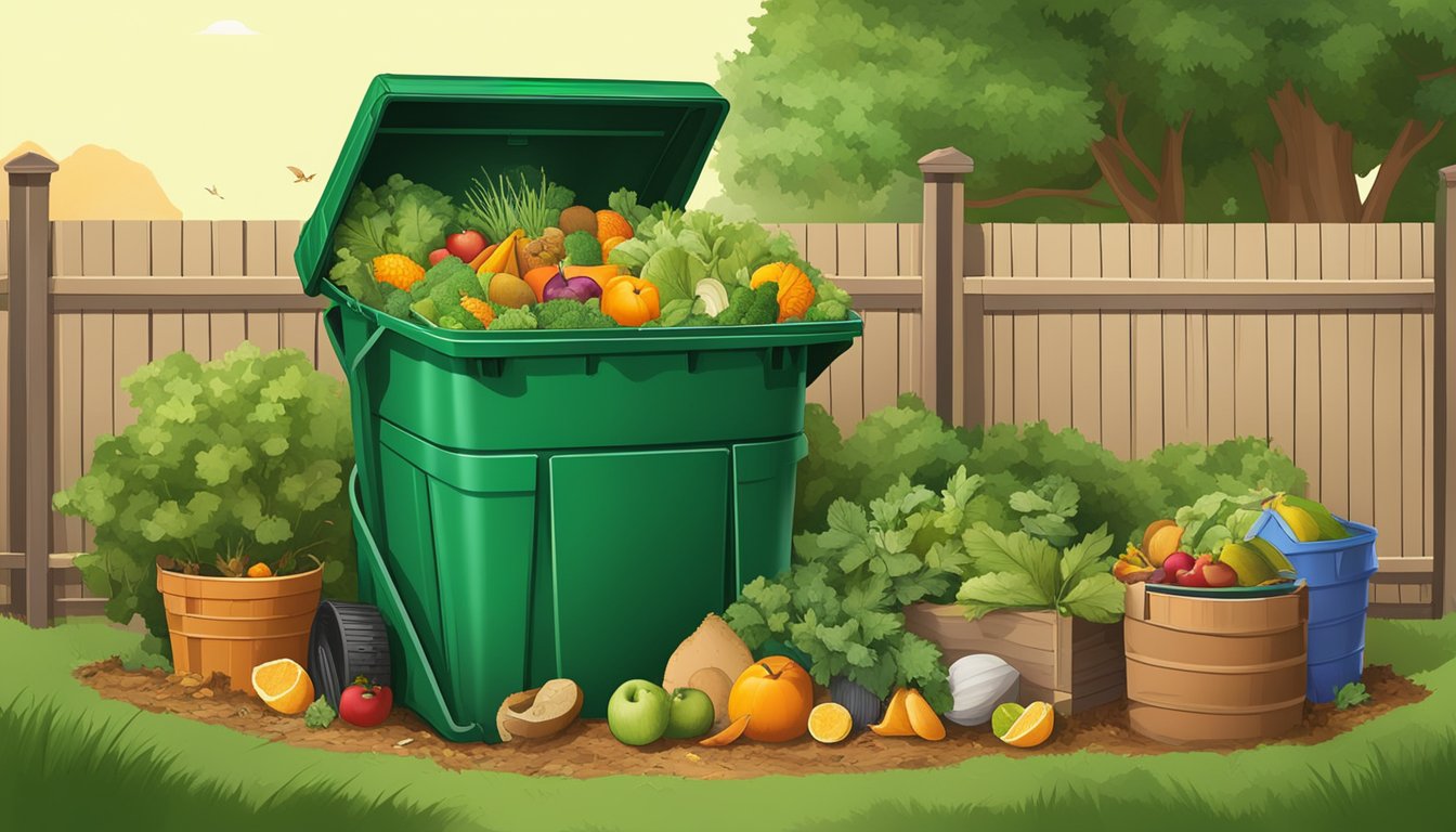 A compost bin surrounded by a variety of organic waste, including fruit and vegetable scraps, leaves, and grass clippings, in a backyard in Amarillo, TX