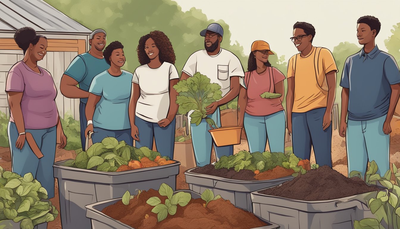 A diverse group of people gather to compost at a community garden in Chattanooga, TN. They work together to turn food scraps and yard waste into nutrient-rich soil