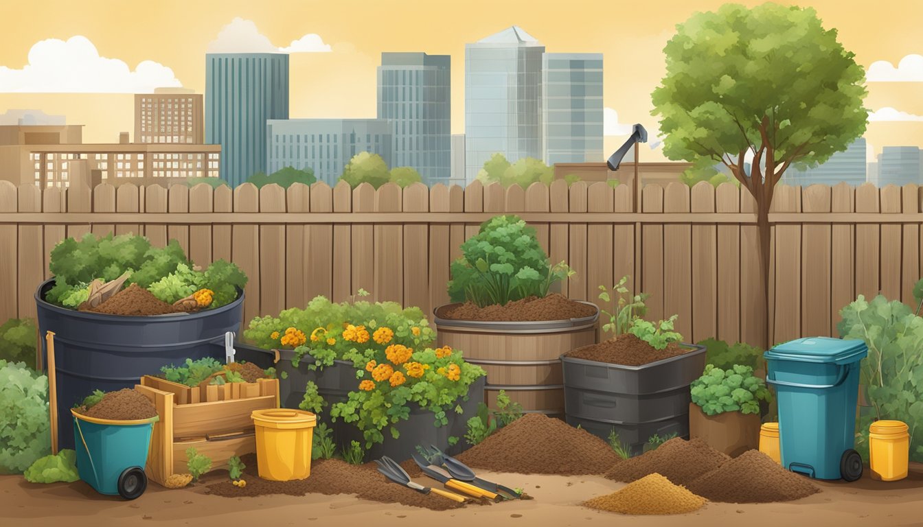 Amarillo skyline with a backyard compost bin, surrounded by a variety of organic waste materials and gardening tools