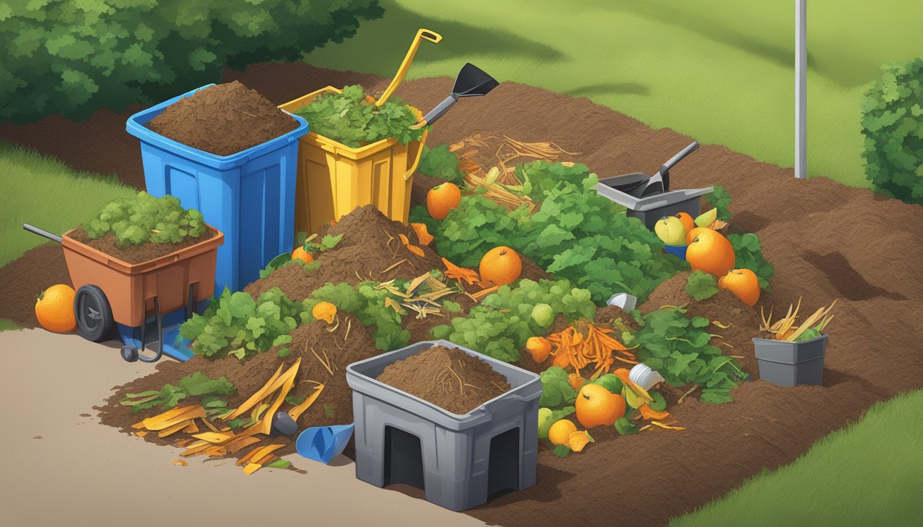 A pile of organic waste, including fruit peels and yard clippings, surrounded by a variety of composting materials such as a pitchfork, shovel, and bins in a backyard in Amarillo, TX