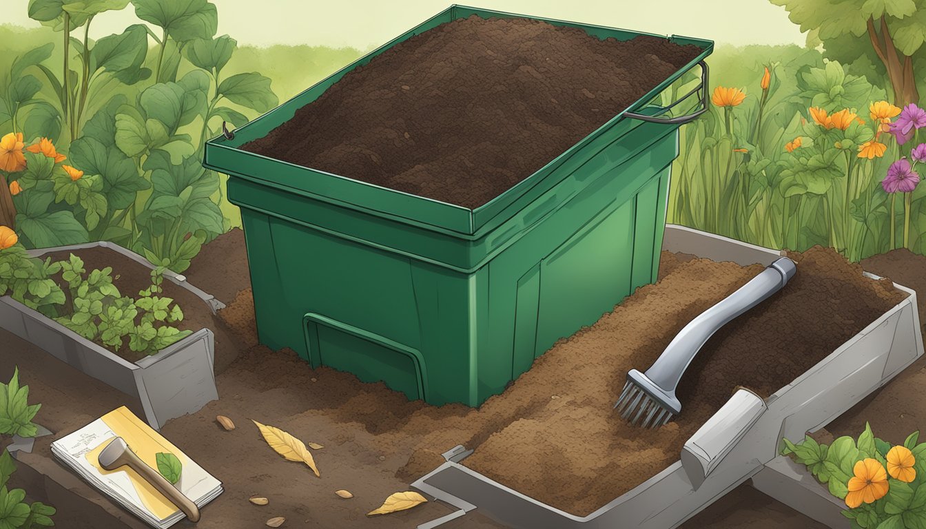 A compost bin surrounded by various organic materials, with a shovel and the "Finished Compost" guidebook open nearby