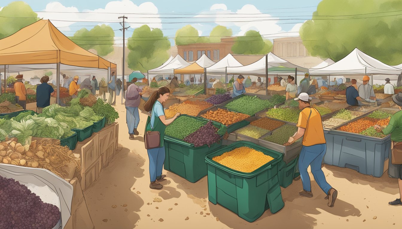 A bustling farmer's market with diverse individuals composting and exchanging tips in Amarillo, TX. Overflowing bins of food scraps and rich soil piles