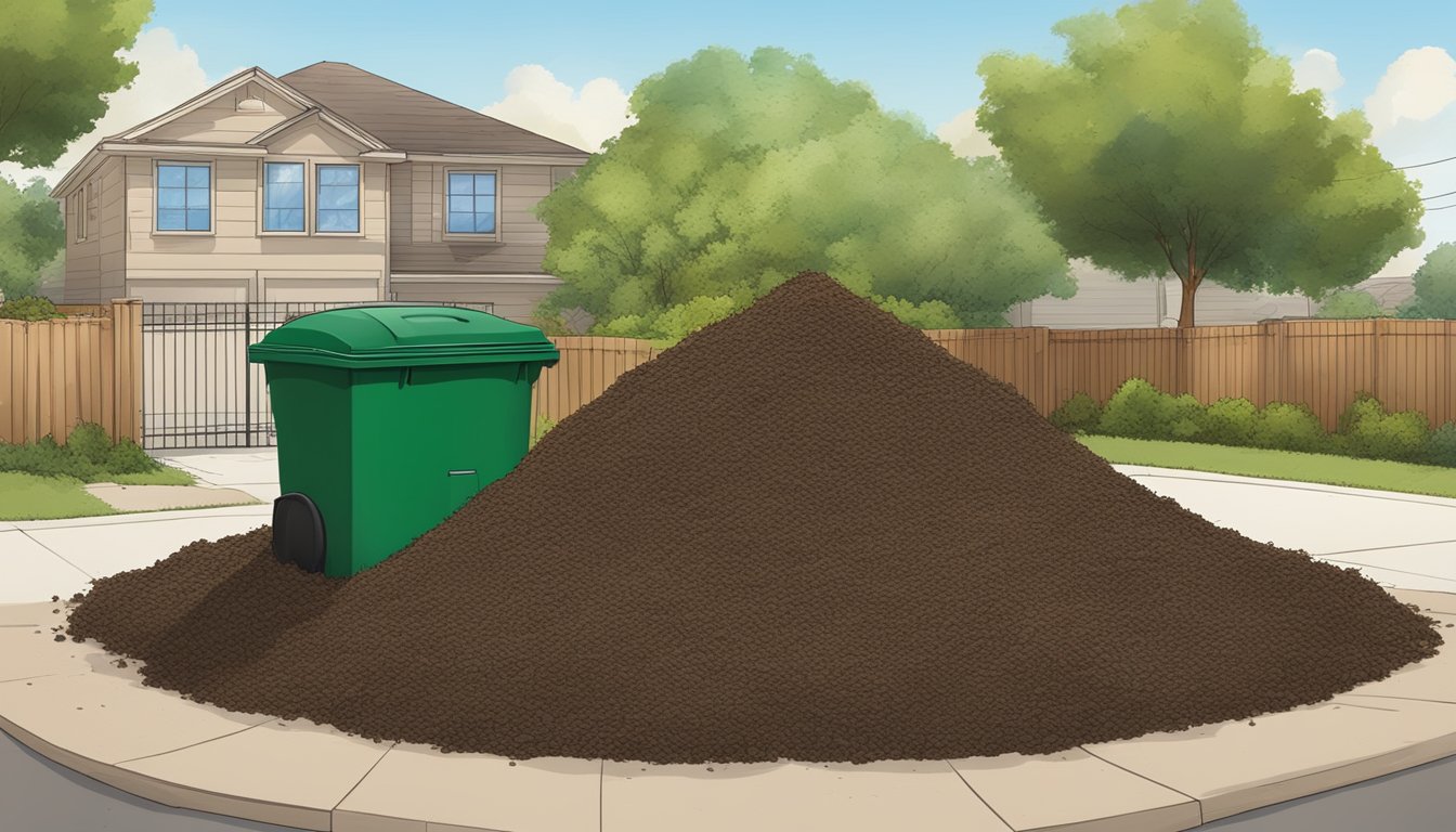 A backyard compost pile with a mix of green and brown materials, surrounded by a bin or tumbler, set against the backdrop of a suburban neighborhood in Corpus Christi, TX