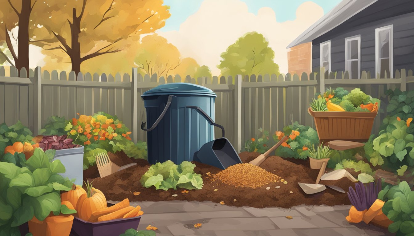 A backyard in Memphis with a compost bin surrounded by various food scraps, leaves, and other organic materials. A shovel and gardening gloves are nearby