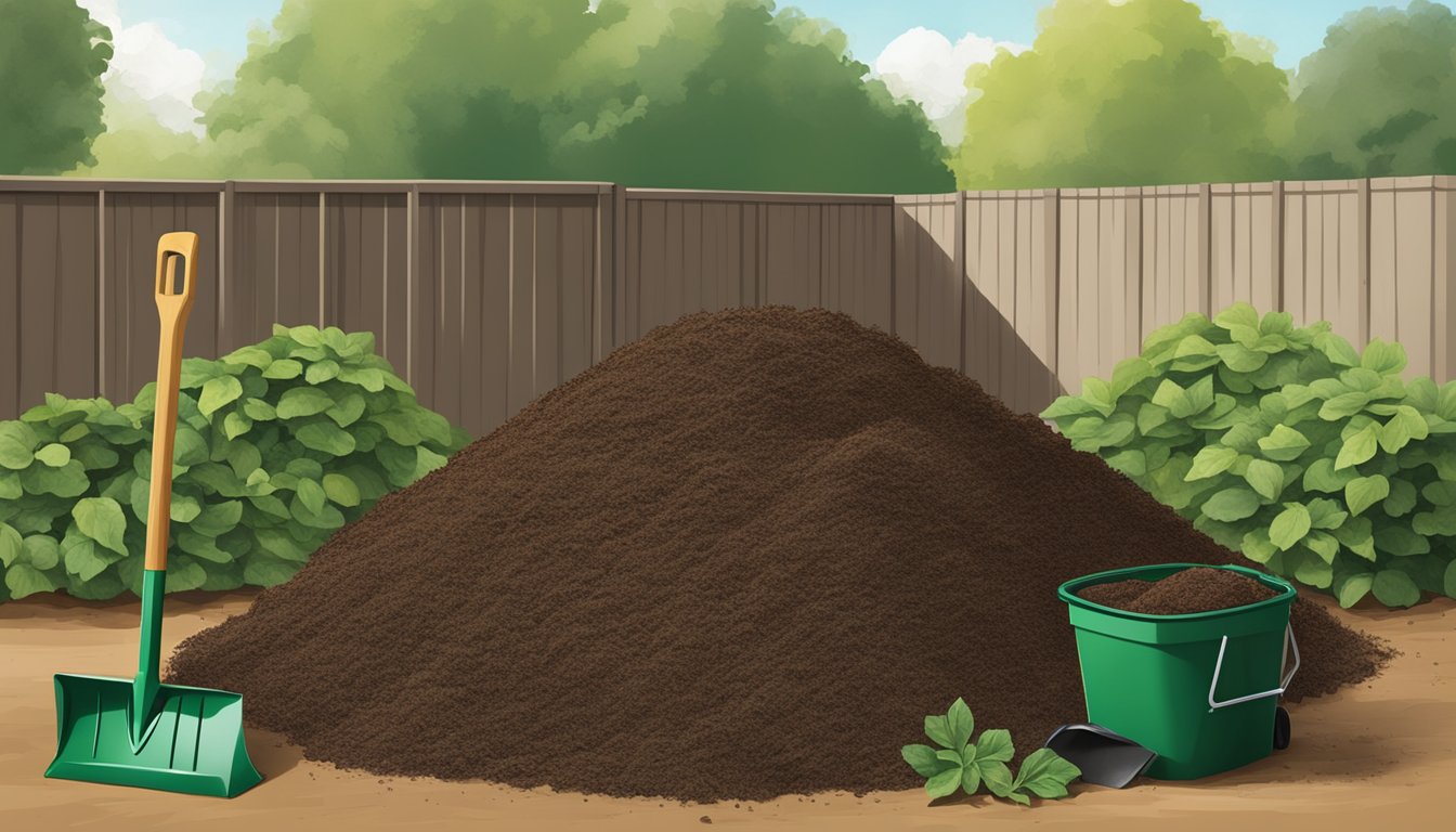 A backyard compost pile with a mix of green and brown organic materials, a shovel, and a compost bin in Beaumont, TX