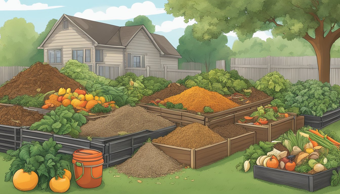 A compost pile surrounded by various organic materials, such as fruit and vegetable scraps, leaves, and grass clippings, with a guide to composting in Memphis, TN