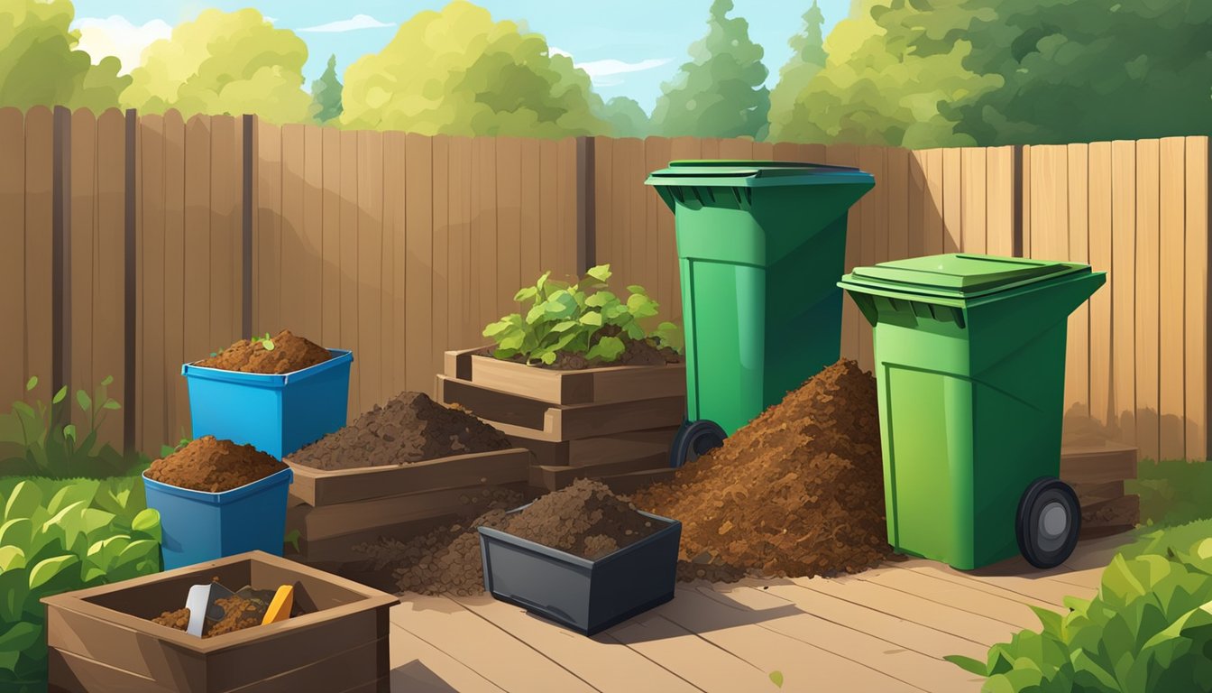 A sunny backyard with a compost bin, garden tools, and a variety of organic waste being sorted into different piles for composting