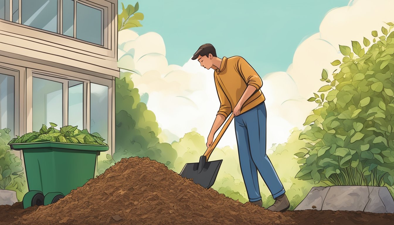 A person turning a compost pile in a backyard with a shovel and a pile of organic waste, surrounded by greenery and a sunny sky