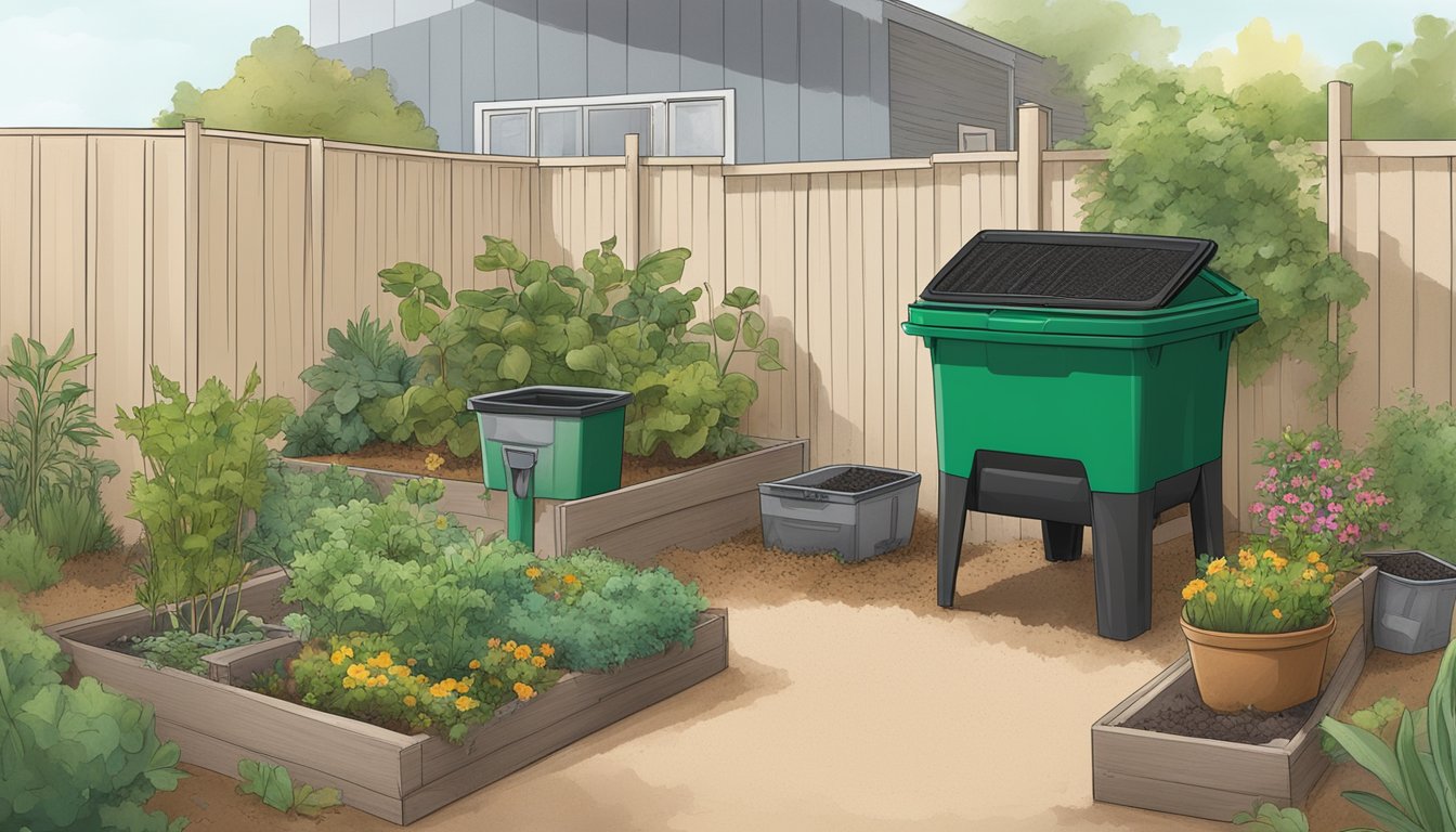 A backyard garden in Corpus Christi, Texas, with a compost bin, various plant materials, and a guidebook on composting