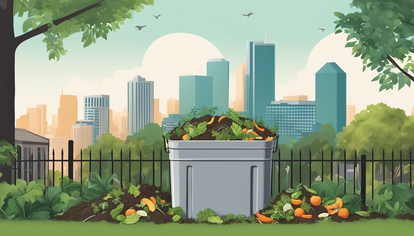 A backyard compost bin surrounded by greenery and a few food scraps, with the Memphis skyline in the background