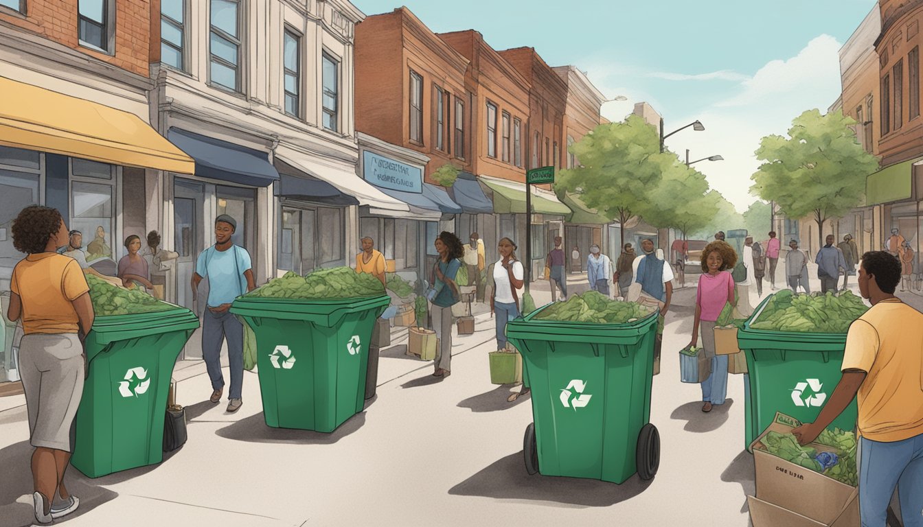 A bustling city street with diverse residents participating in composting, with bins and signage promoting sustainability in Memphis, TN