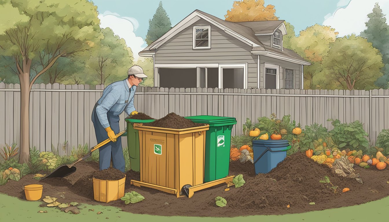 A person composting in a backyard, following Memphis, TN laws and regulations. A compost bin, food scraps, and yard waste are being mixed together