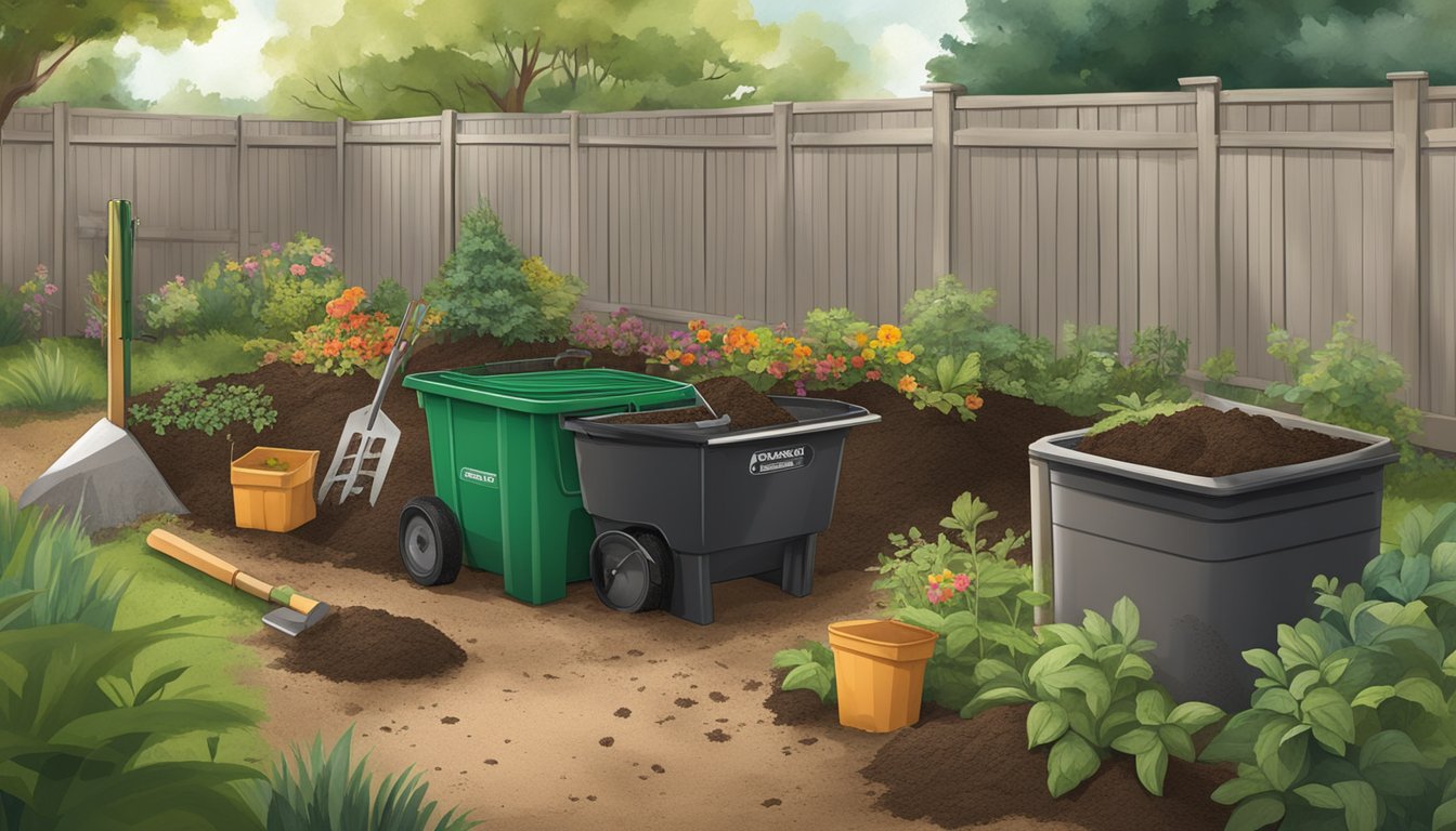 A backyard in Beaumont, TX with a compost bin, garden tools, and various organic waste materials being added to the compost pile