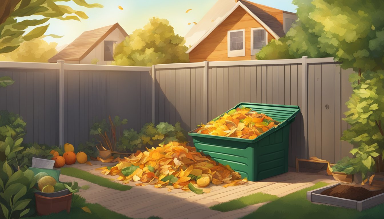 A sunny backyard with a compost bin surrounded by various organic waste materials such as fruit peels, vegetable scraps, and dry leaves