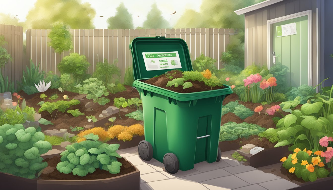 A lush garden with a compost bin and various organic waste materials, surrounded by clear signage indicating environmental regulations