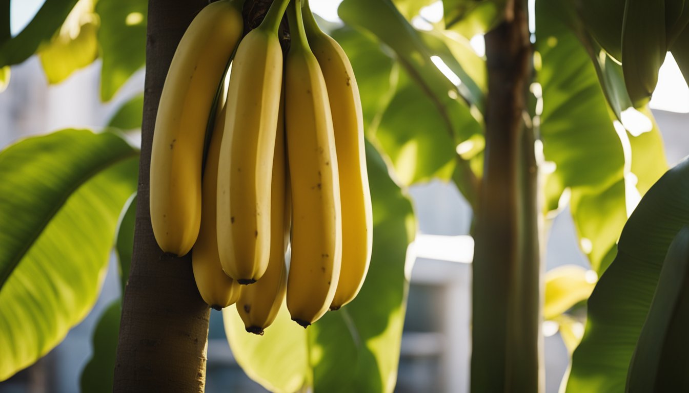 Ripe yellow bananas in morning sunlight cast gentle shadows