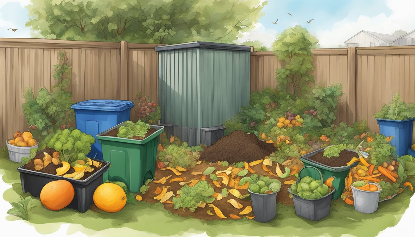 A backyard in Edinburg, TX with a compost bin surrounded by a variety of organic waste such as fruit peels, vegetable scraps, and yard clippings