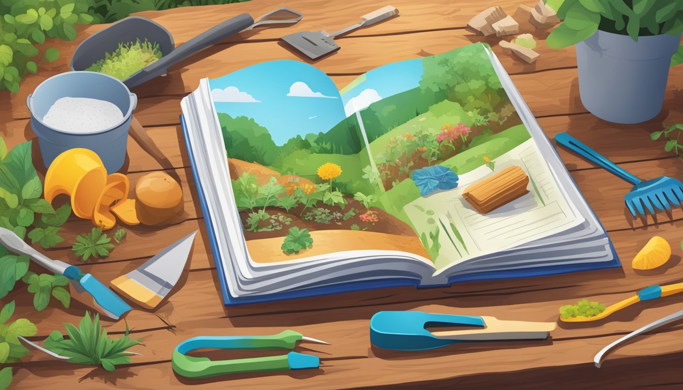 A colorful guidebook open on a wooden table, surrounded by composting tools and materials in a backyard garden setting