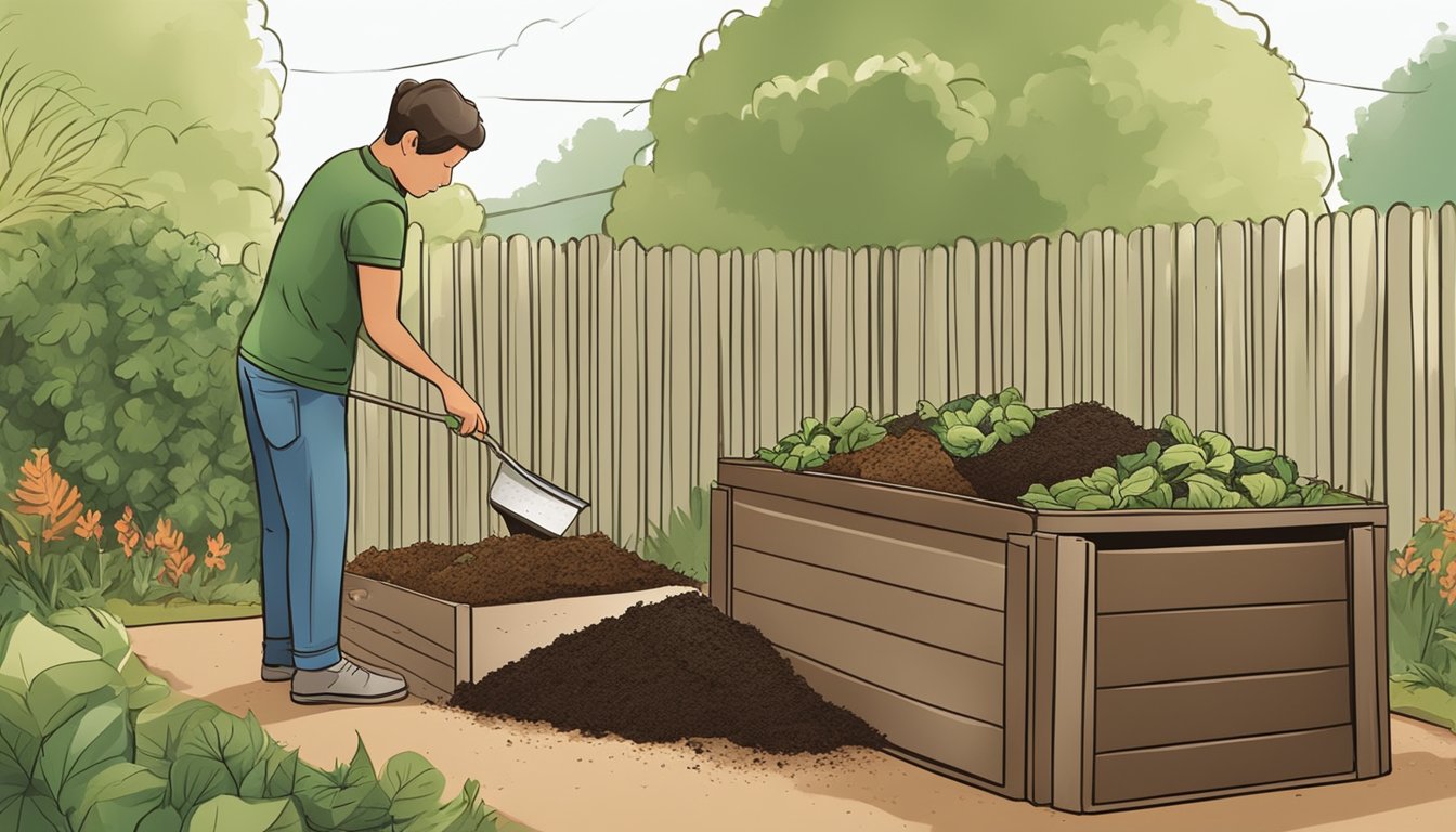 A person placing organic waste into a compost bin in a backyard garden. Brown and green materials are layered to create a balanced compost pile