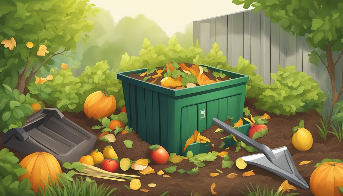 A backyard compost bin surrounded by a variety of organic waste, including fruit peels, vegetable scraps, and grass clippings, with a shovel and a gardening fork nearby