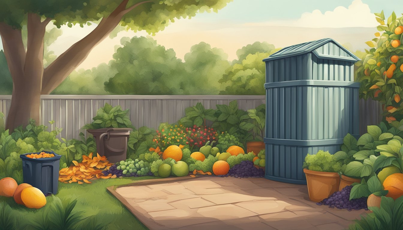 A lush garden in Edinburg, TX with a compost bin, surrounded by various organic materials like fruit peels, leaves, and grass clippings