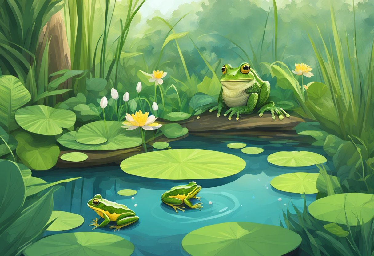 A pond surrounded by lush vegetation, with frogs and toads laying eggs in the water. A caretaker observes, providing food and shelter