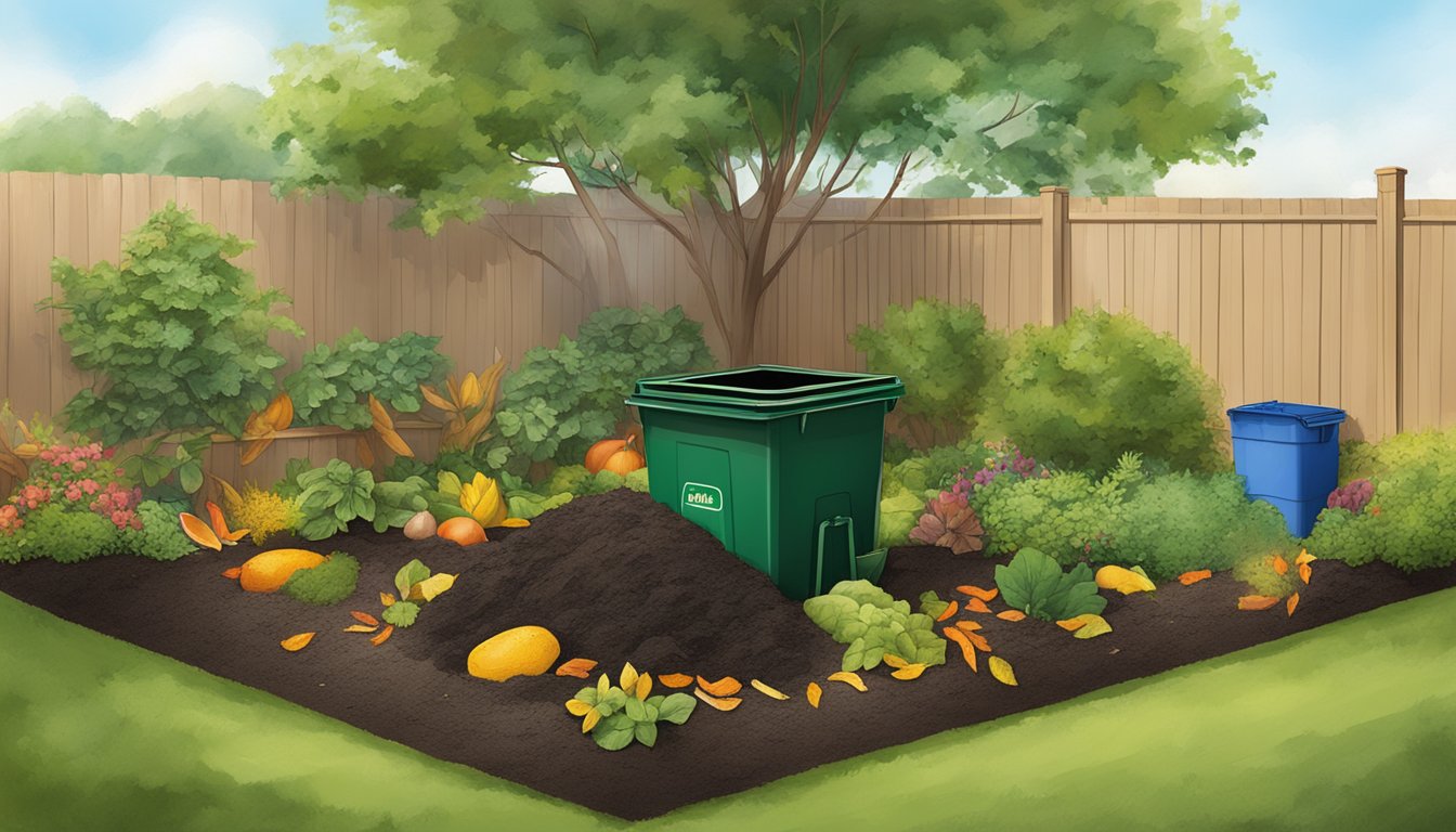 A backyard in Abilene, TX with a compost bin surrounded by a variety of organic materials such as fruit peels, vegetable scraps, leaves, and grass clippings