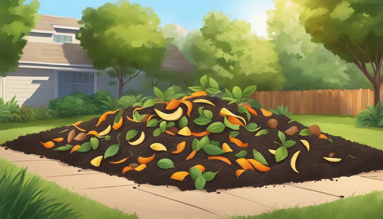 A compost pile sits in a backyard, surrounded by greenery under the warm Edinburg, TX sun. Fruit peels, grass clippings, and leaves are layered in a neat, organized manner