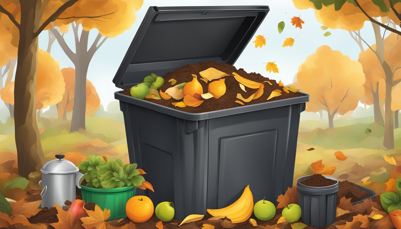 A backyard compost bin surrounded by a variety of organic waste, including fruit peels, coffee grounds, and fallen leaves