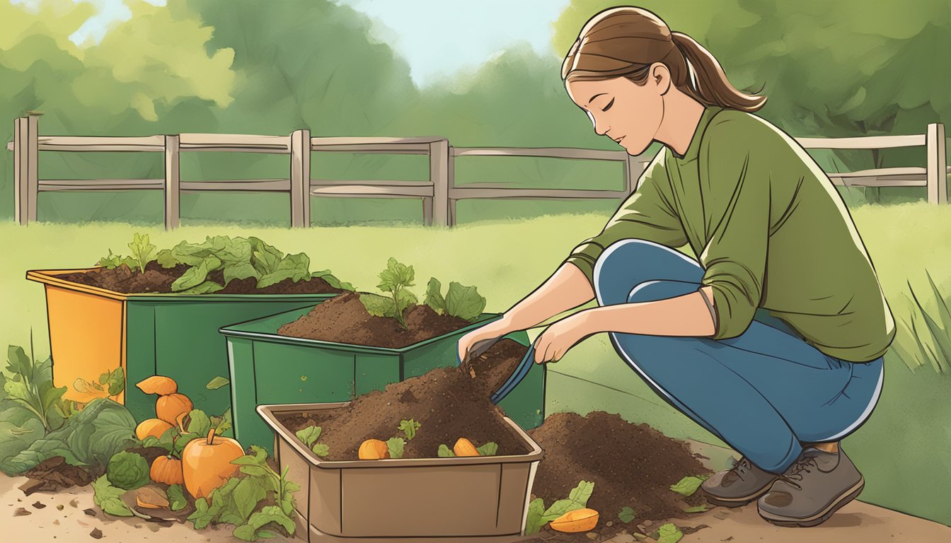 A student mixing food scraps and yard waste in a compost bin on a sunny day