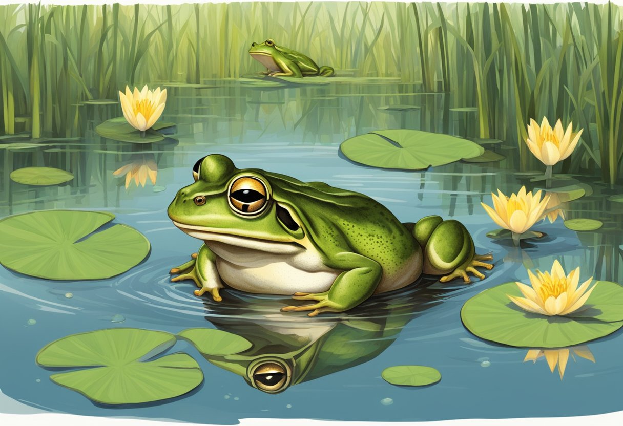 A frog and toad spawning in a pond, surrounded by lily pads and reeds. The male frog is calling out while the female lays her eggs