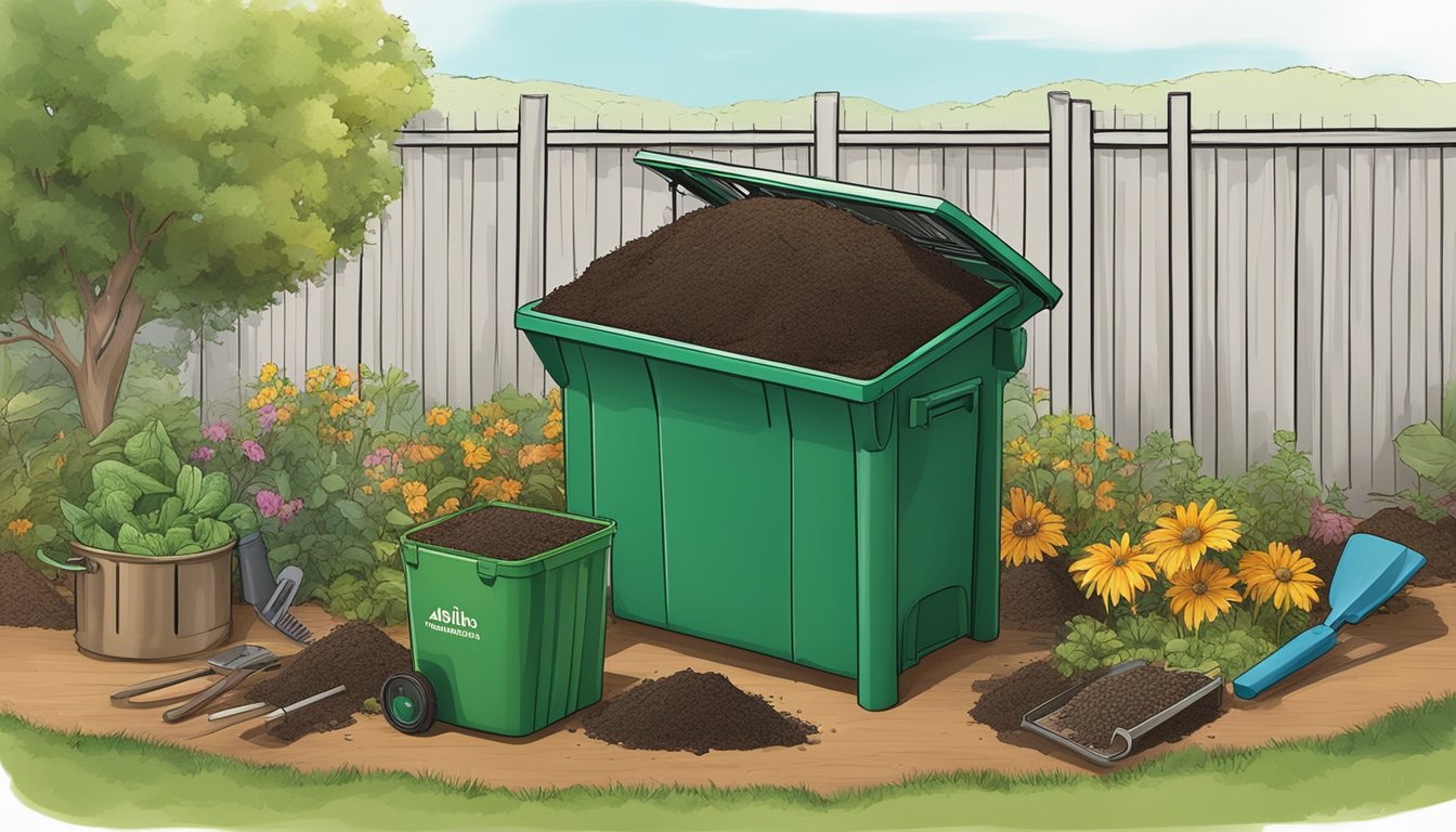 A compost bin surrounded by garden tools and organic waste, with a guide to composting open on a table in a backyard in Abilene, TX